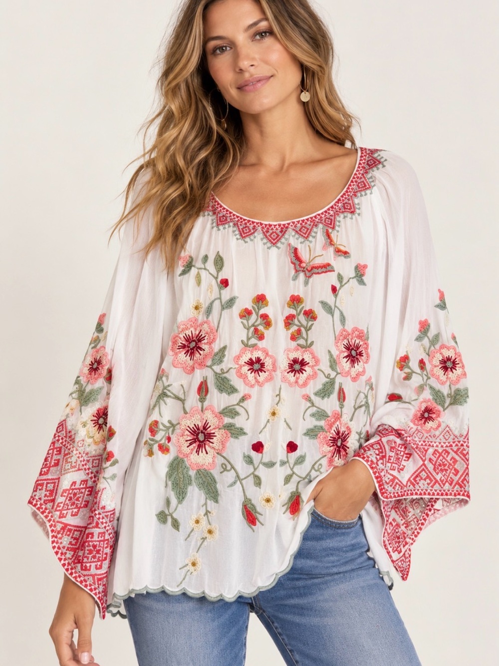 Johnny Was Embroidered White Floral Blouse With Geometric Embroidered Cuffs